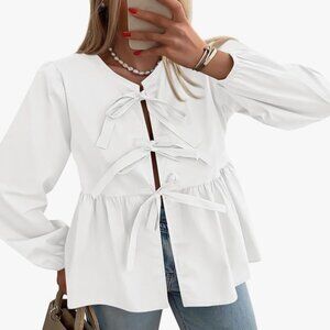 PRETTYGARDEN Women's Babydoll Peplum Blouse Shirt Puff Long Sleeve Bow Tie Front